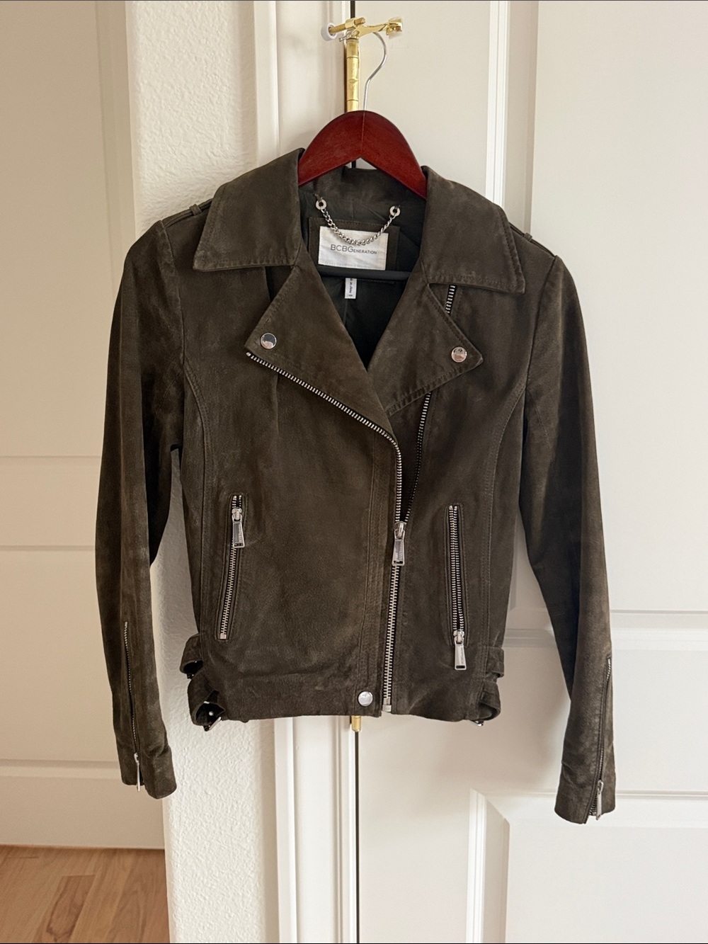 BCBGeneration Olive Green Suede Moto Jacket with Silver Hardware XS